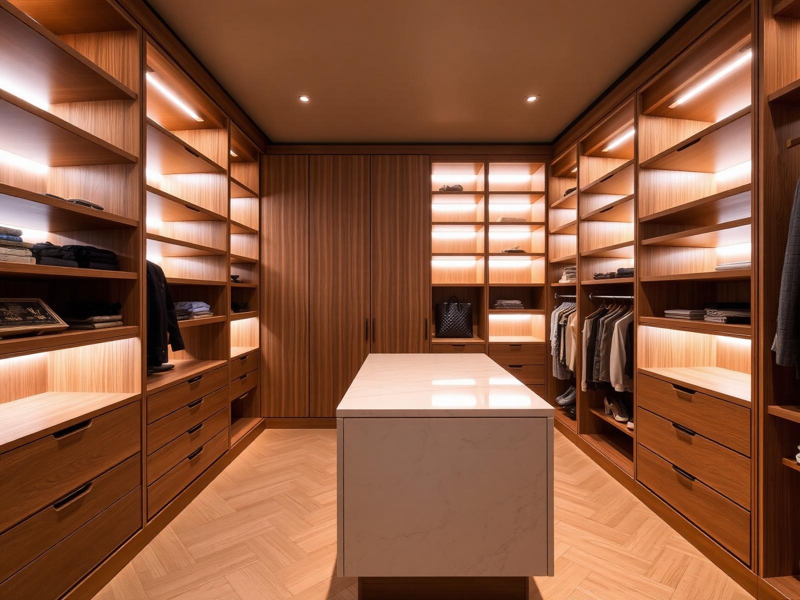 Walk-in wardrobe with warm timber shelving
